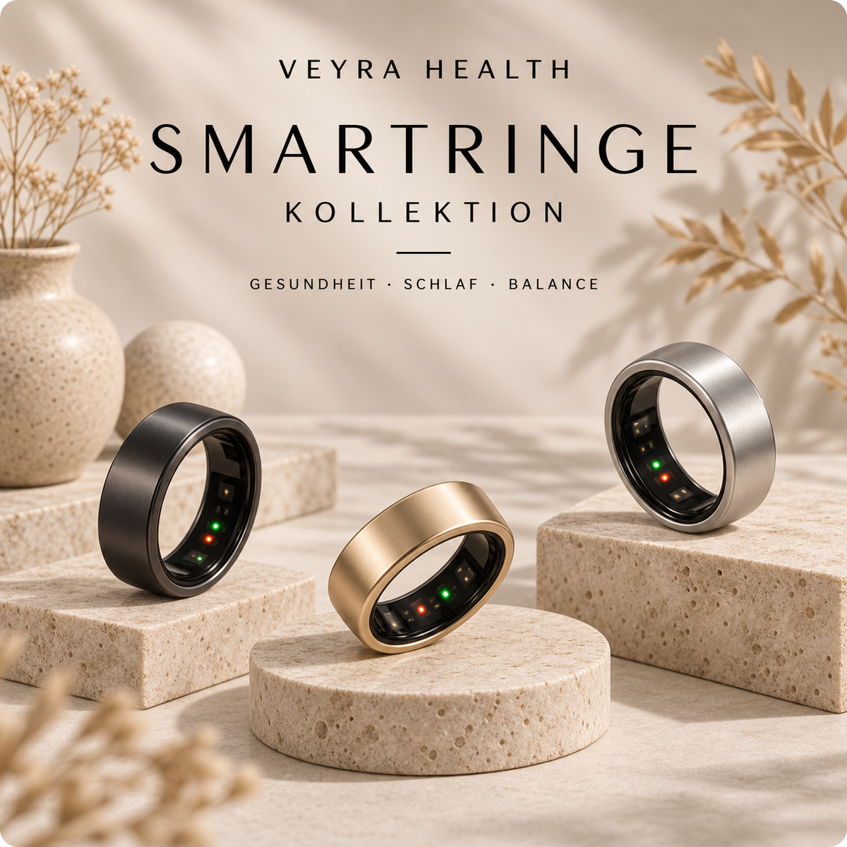 Drei Smart Rings von Veyra Health auf Steinpodesten
