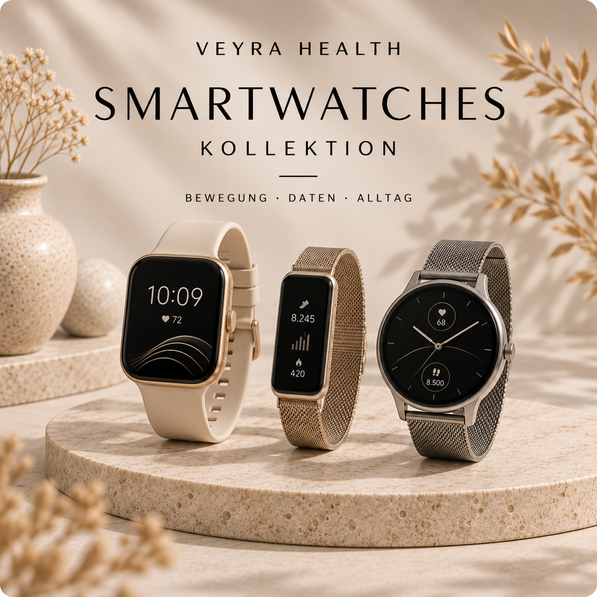 Smartwatches von Veyra Health auf Steinpodesten