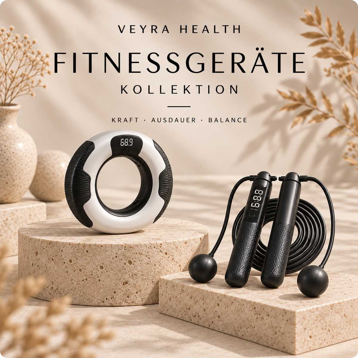 Springseil und Arm-Trainer von Veyra Health auf Steinpodesten