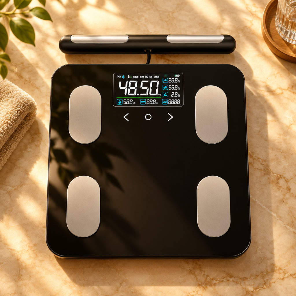SCALE ONE LITE in Schwarz von oben mit aufgelegter Griffstange und eingeschaltetem Farbdisplay