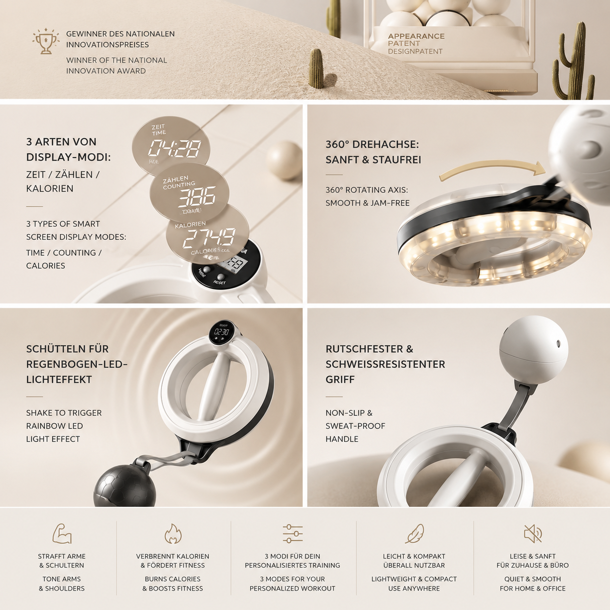 MOTION ONE Funktionen: 3 Display-Modi, 360°-Drehachse, LED-Lichteffekt und rutschfester Griff