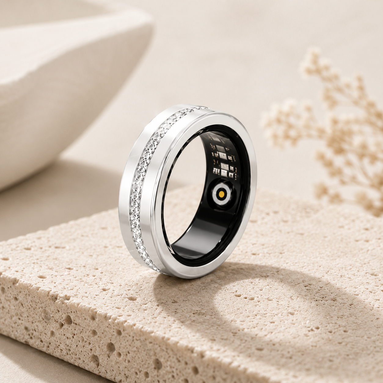 PULSE ONE Smart Ring in Silber – Einzelansicht mit Kristall-Band