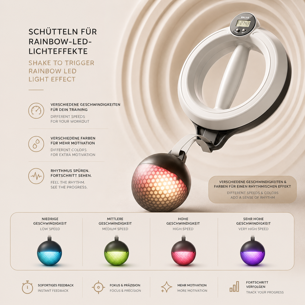 Regenbogen-LED-Effekt des MOTION ONE: Kugel leuchtet je nach Tempo blau, grün, pink oder lila