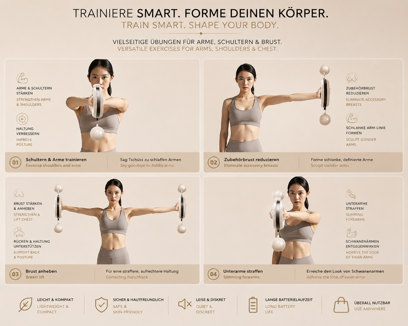 Frau zeigt vier Übungen mit dem MOTION ONE Armtrainer für Arme, Schultern und Brust