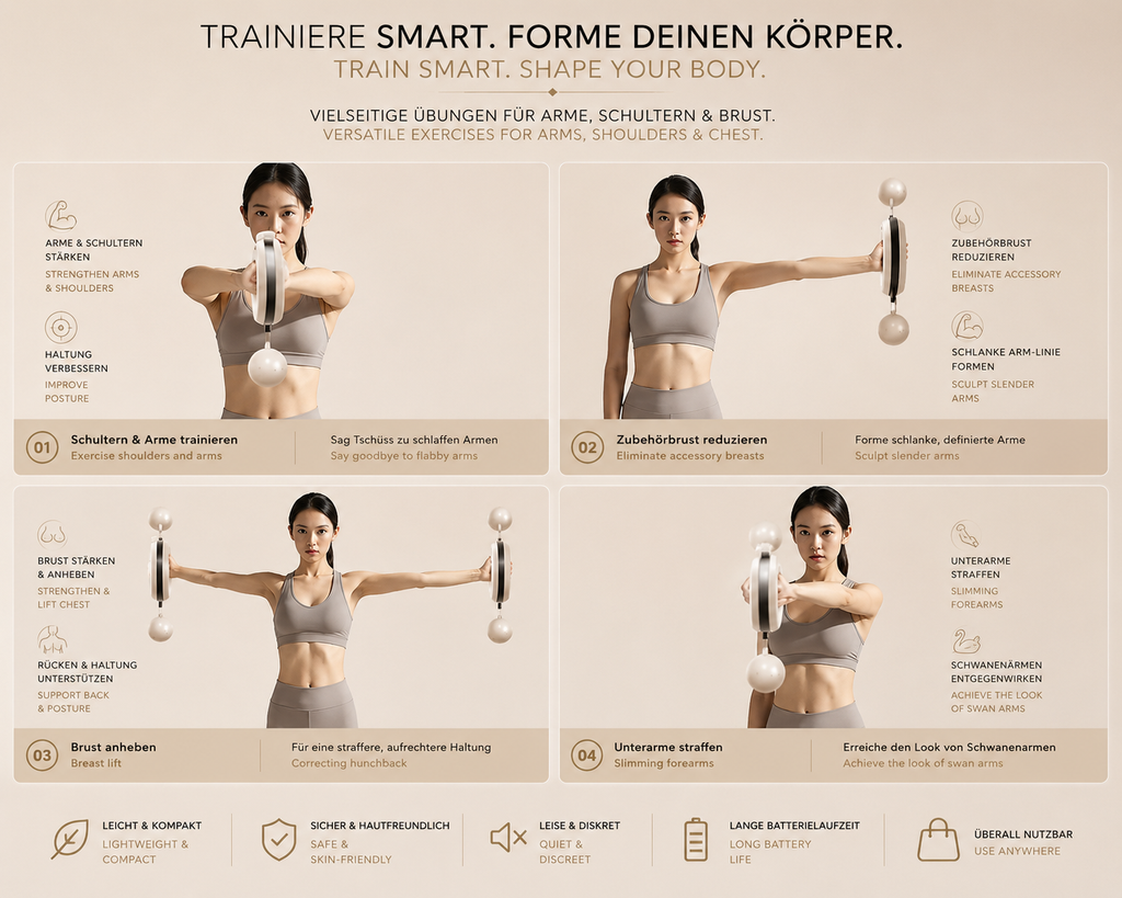 Frau zeigt vier Übungen mit dem MOTION ONE Armtrainer für Arme, Schultern und Brust