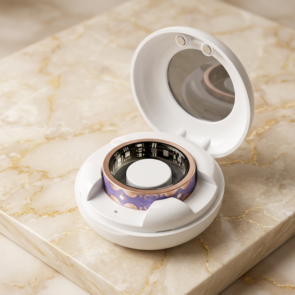 IRIS ONE Smart Ring in Lila im geöffneten Ladecase