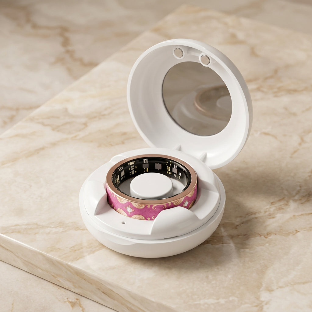 IRIS ONE Smart Ring in Magenta im geöffneten Ladecase