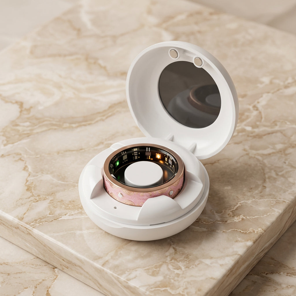 IRIS ONE Smart Ring in Pink im geöffneten Ladecase