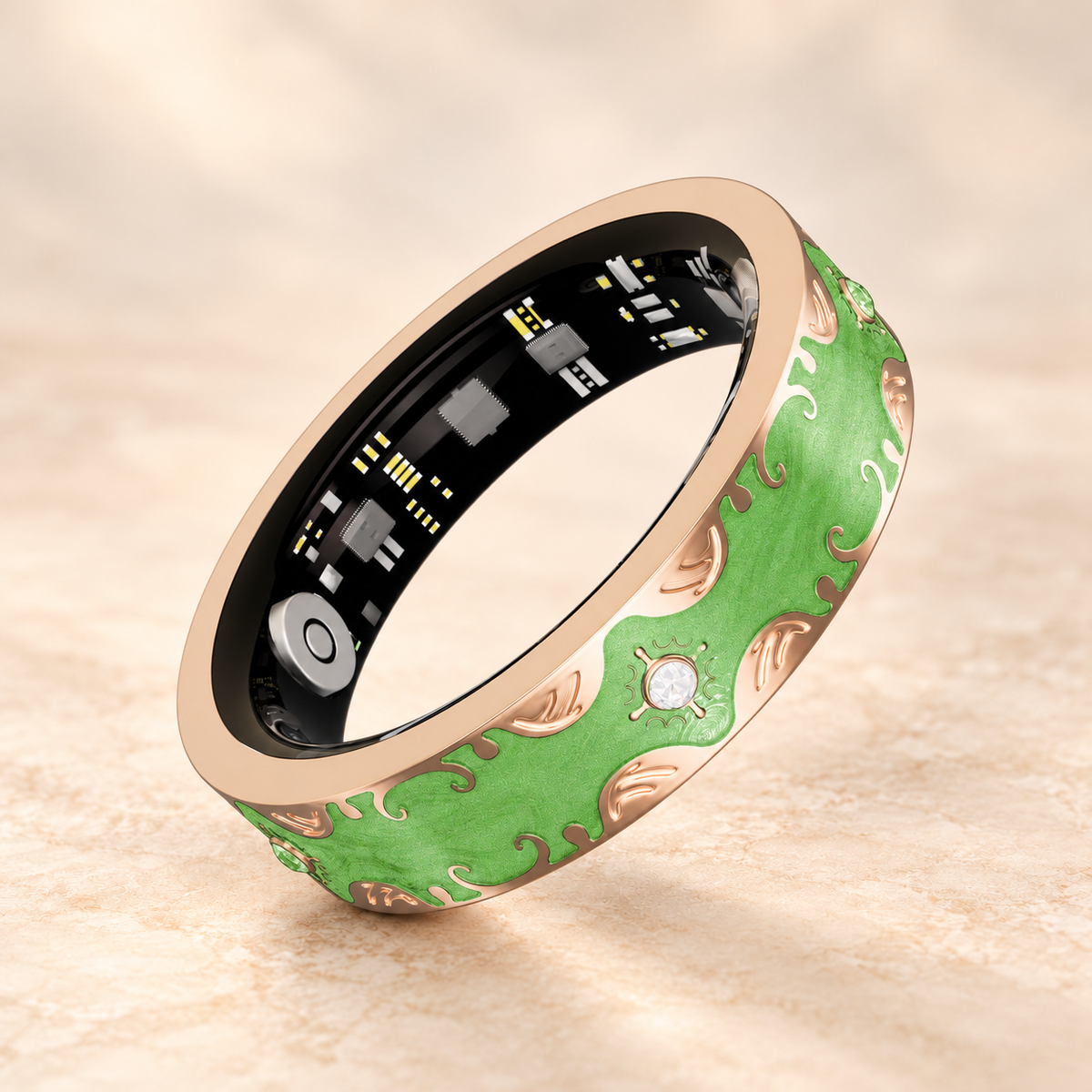 IRIS ONE Smart Ring in Grün mit Emaille und roségoldfarbenen Ornamenten