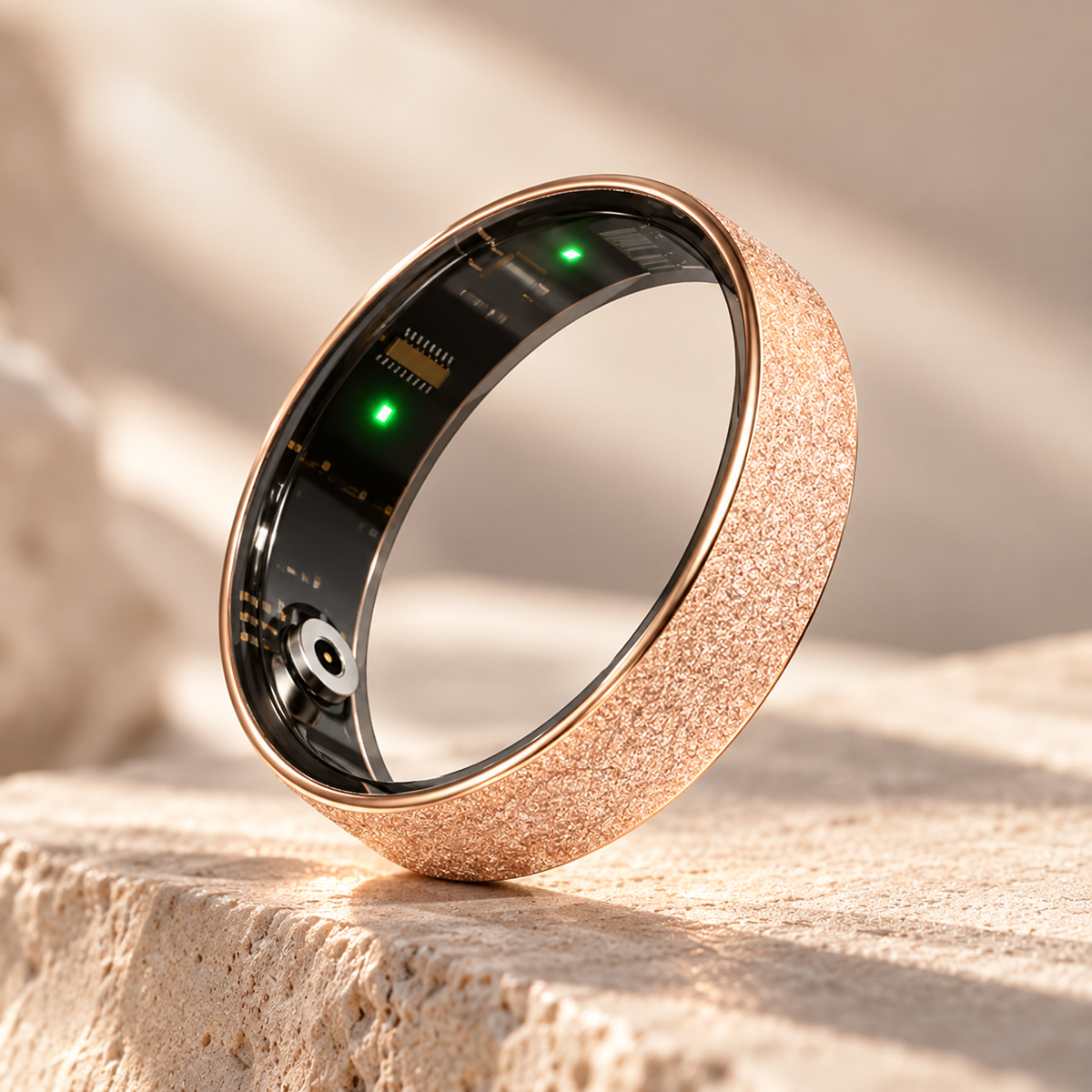 DUNE ONE Smart Ring in Roségold mit sandgestrahlter Oberfläche, Sensoren an der Innenseite