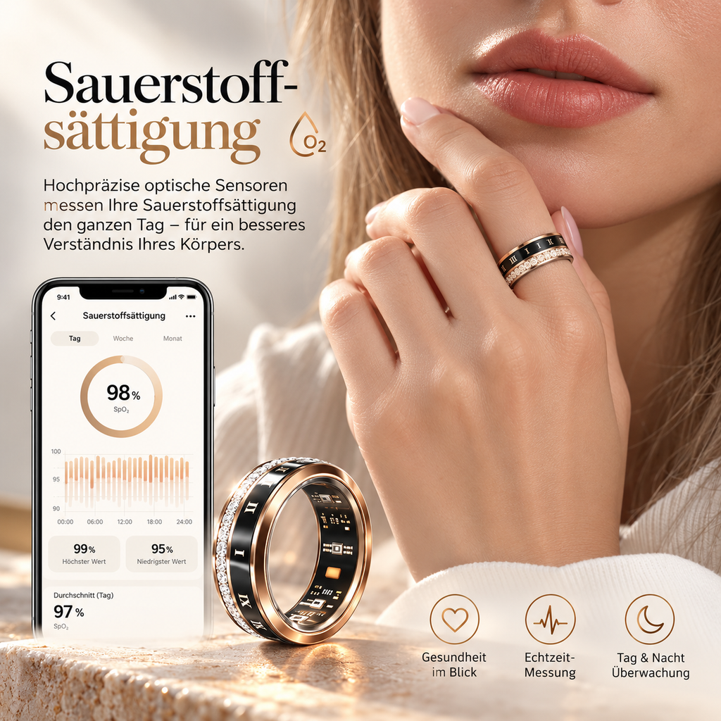 ROMA ONE in Roségold mit App-Ansicht der Sauerstoffsättigung