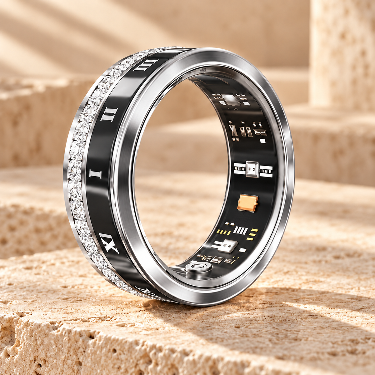 ROMA ONE Smart Ring in Silber mit römischen Ziffern und Ziersteinen auf Travertin