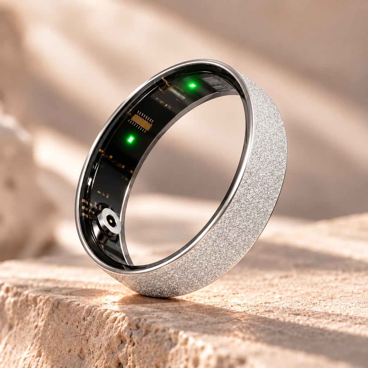 DUNE ONE Smart Ring in Silber mit sandgestrahlter Oberfläche, Sensoren an der Innenseite
