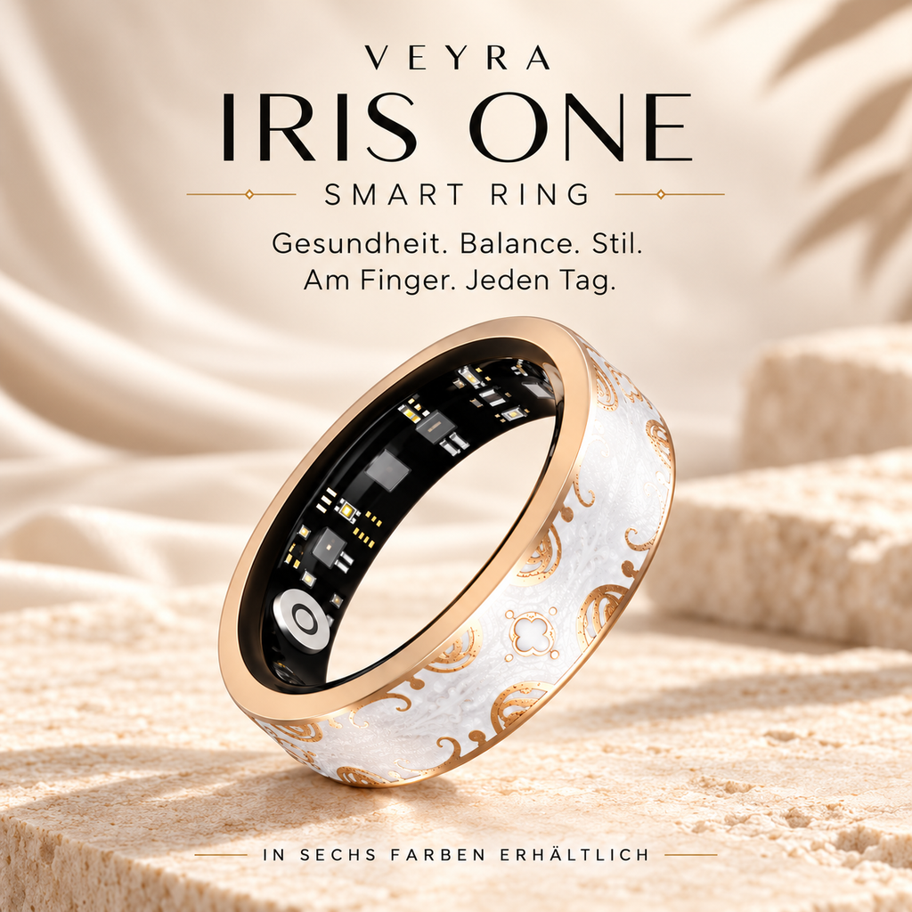 IRIS ONE Smart Ring von Veyra Health in Weiß mit roségoldfarbenen Ornamenten