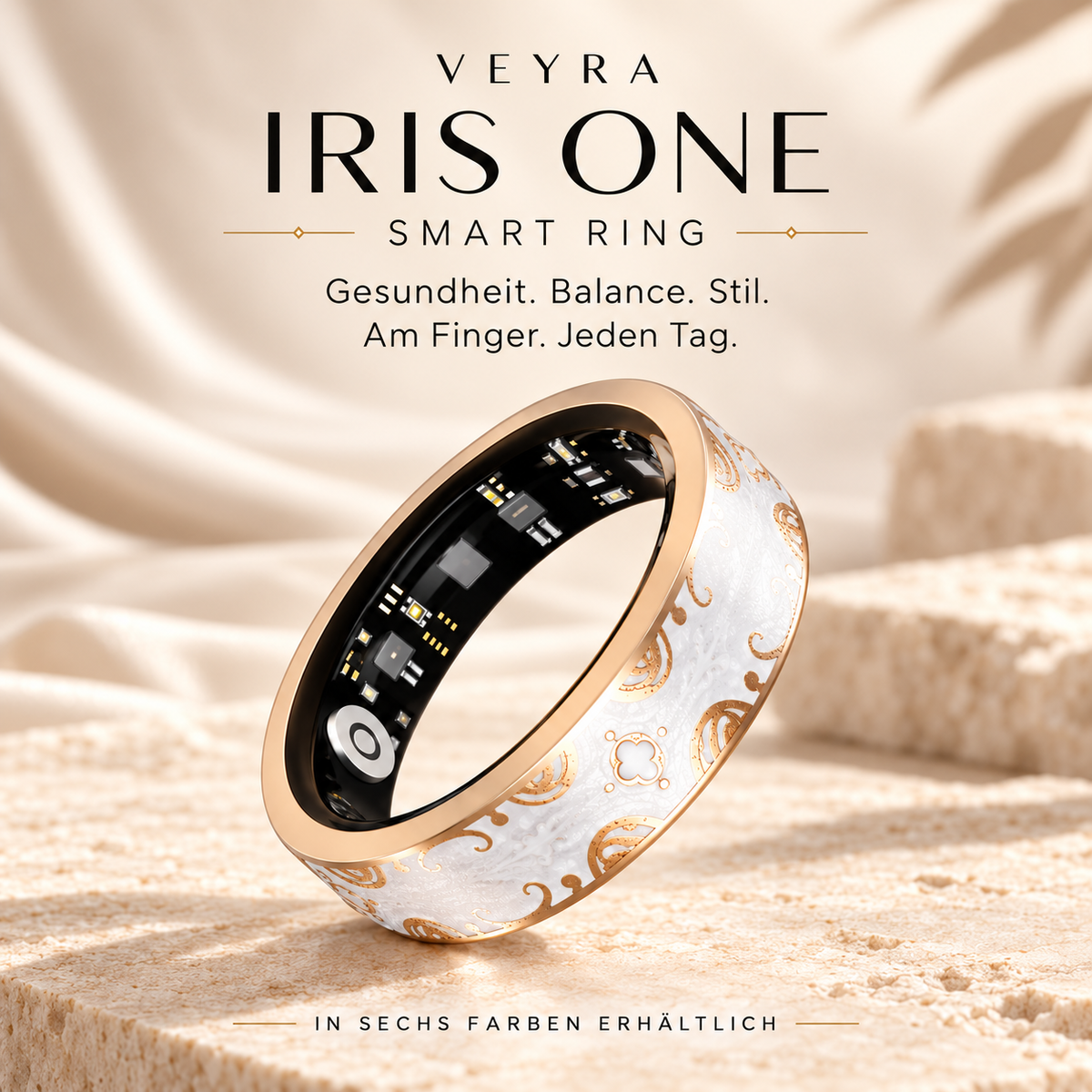 IRIS ONE Smart Ring von Veyra Health in Weiß mit roségoldfarbenen Ornamenten