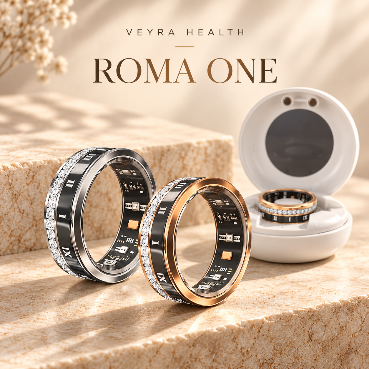 ROMA ONE von Veyra Health in Silber und Roségold, daneben das geöffnete Ladecase