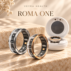 ROMA ONE von Veyra Health in Silber und Roségold, daneben das geöffnete Ladecase