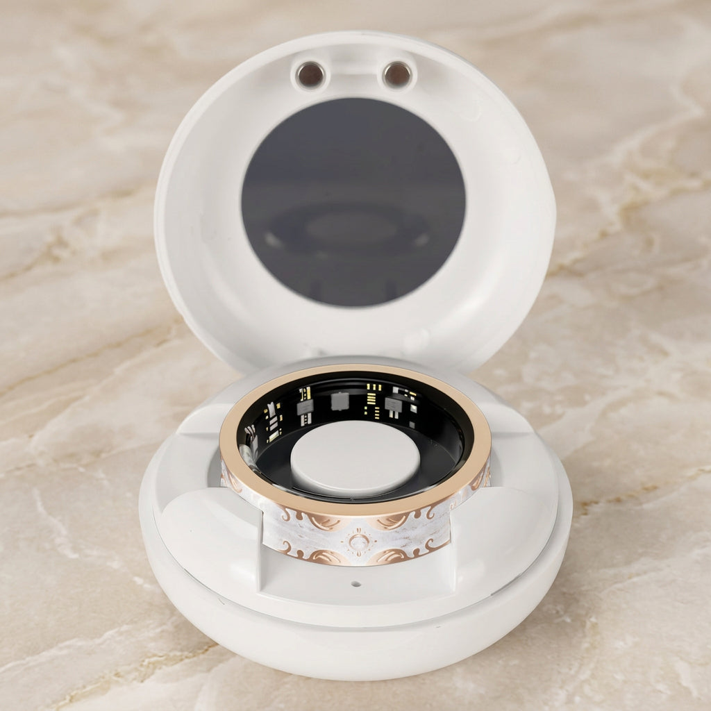 IRIS ONE Smart Ring in Weiß im geöffneten Ladecase