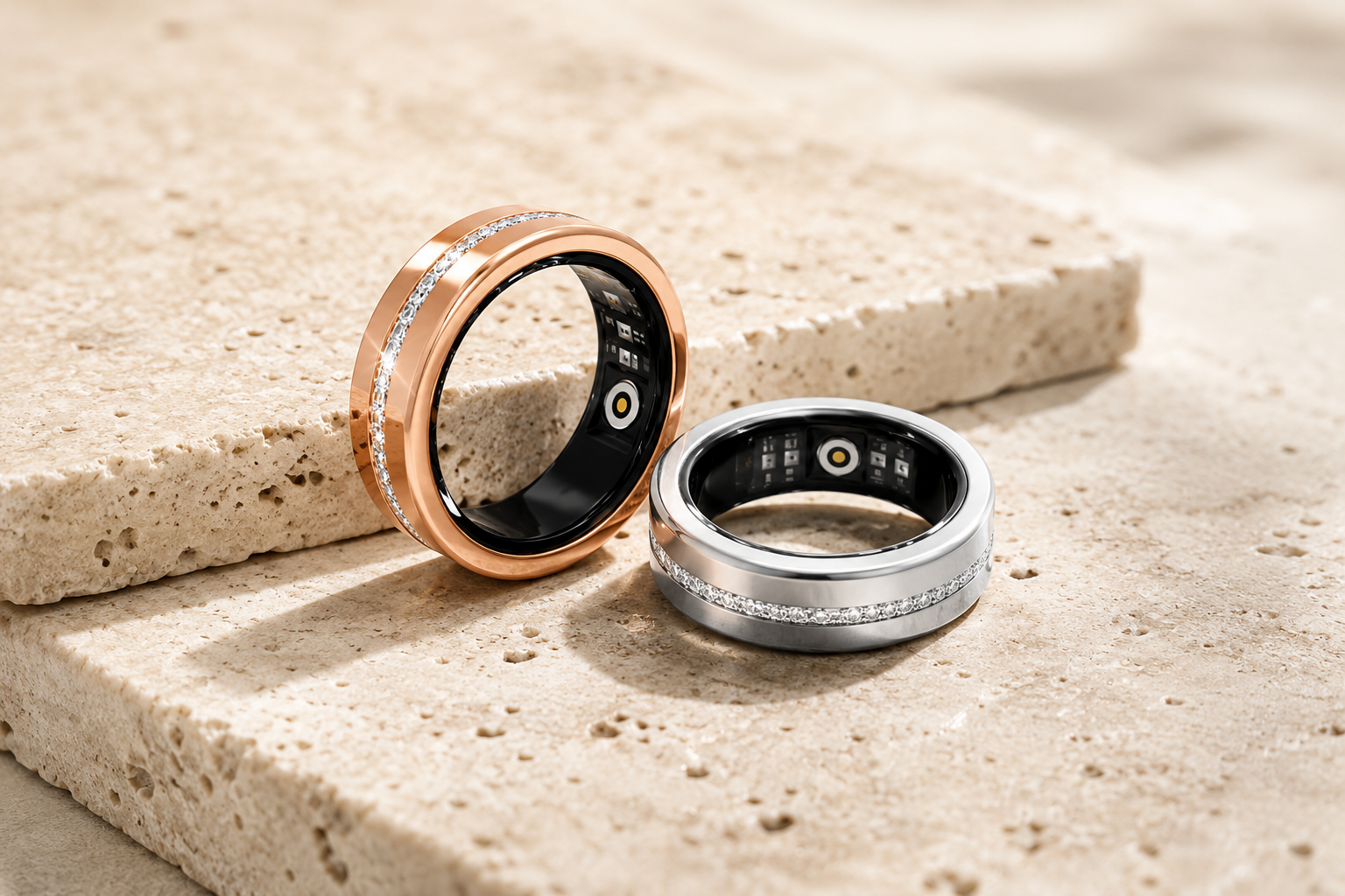 PULSE ONE Smart Ring – Innenansicht mit Sensoren, Roségold und Silber auf Travertin