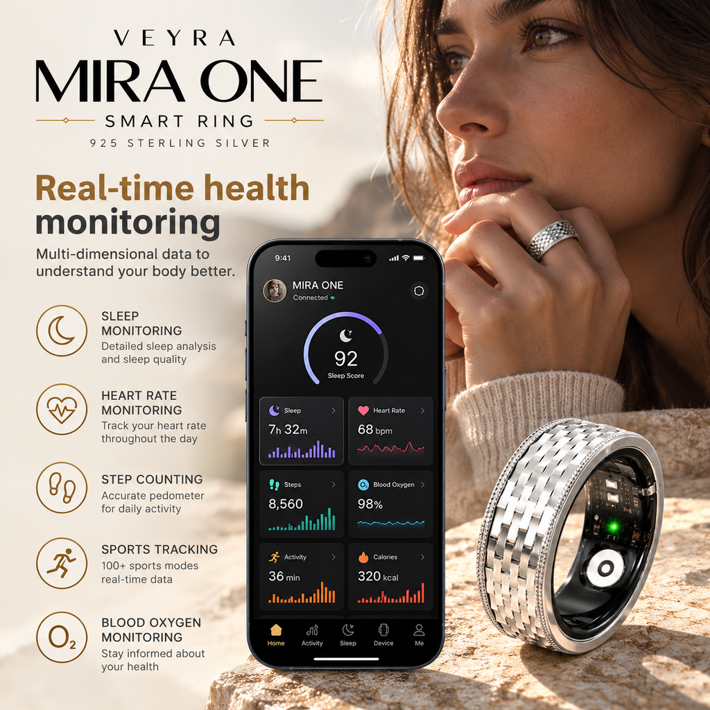 MIRA ONE mit App-Ansicht auf dem Smartphone: Schlafscore, Herzfrequenz, Schritte und Aktivität