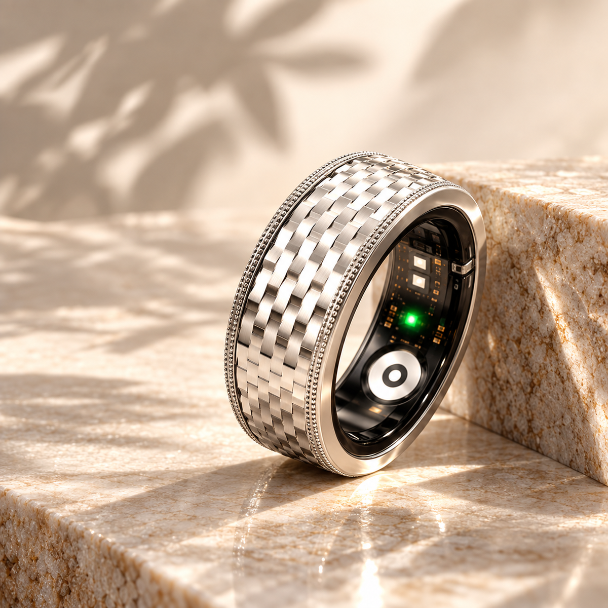 MIRA ONE Smart Ring in Silber auf Naturstein, der grüne Sensor an der Innenseite leuchtet