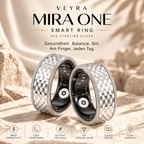 MIRA ONE Smart Ring aus 925er Sterlingsilber, zwei Ringe nebeneinander mit Sensoren an der Innenseite, darunter die sechs Produktmerkmale