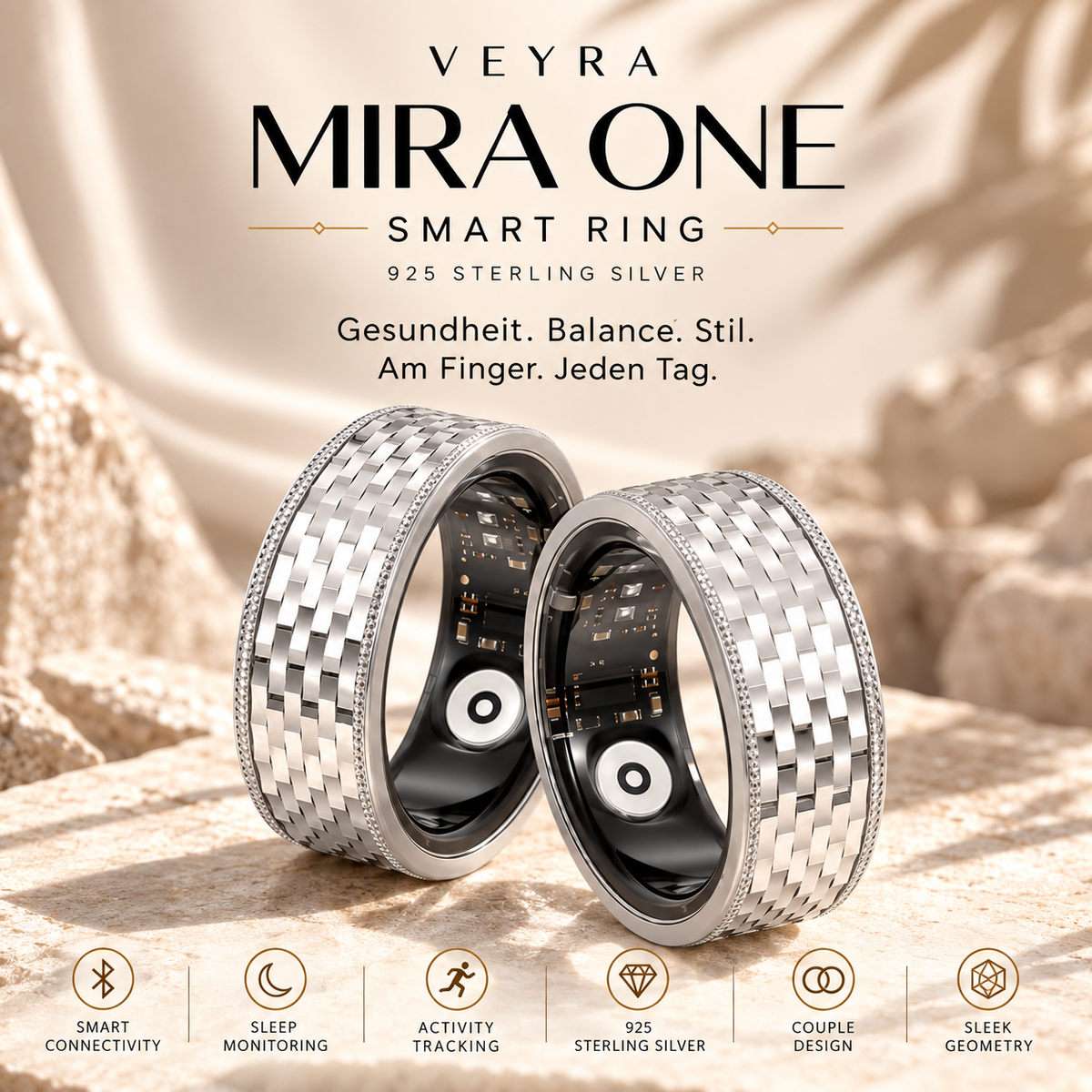 MIRA ONE Smart Ring aus 925er Sterlingsilber, zwei Ringe nebeneinander mit Sensoren an der Innenseite, darunter die sechs Produktmerkmale