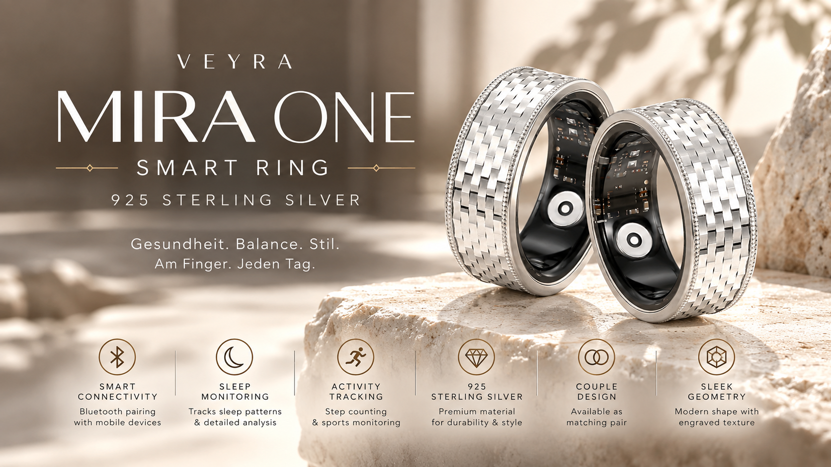 MIRA ONE Smart Ring aus 925er Sterlingsilber – zwei Ringe nebeneinander auf hellem Stein