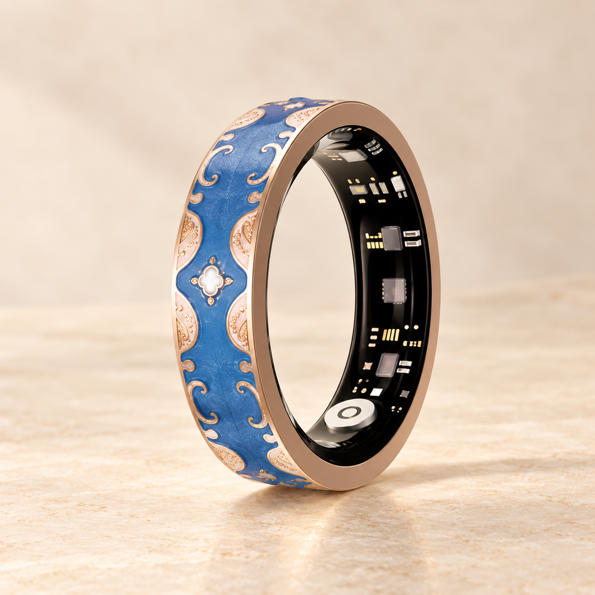 IRIS ONE Smart Ring in Blau mit Emaille und roségoldfarbenen Ornamenten