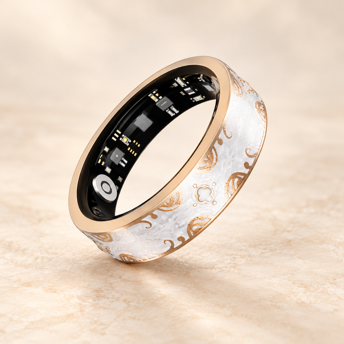 IRIS ONE Smart Ring in Weiß mit Emaille und roségoldfarbenen Ornamenten