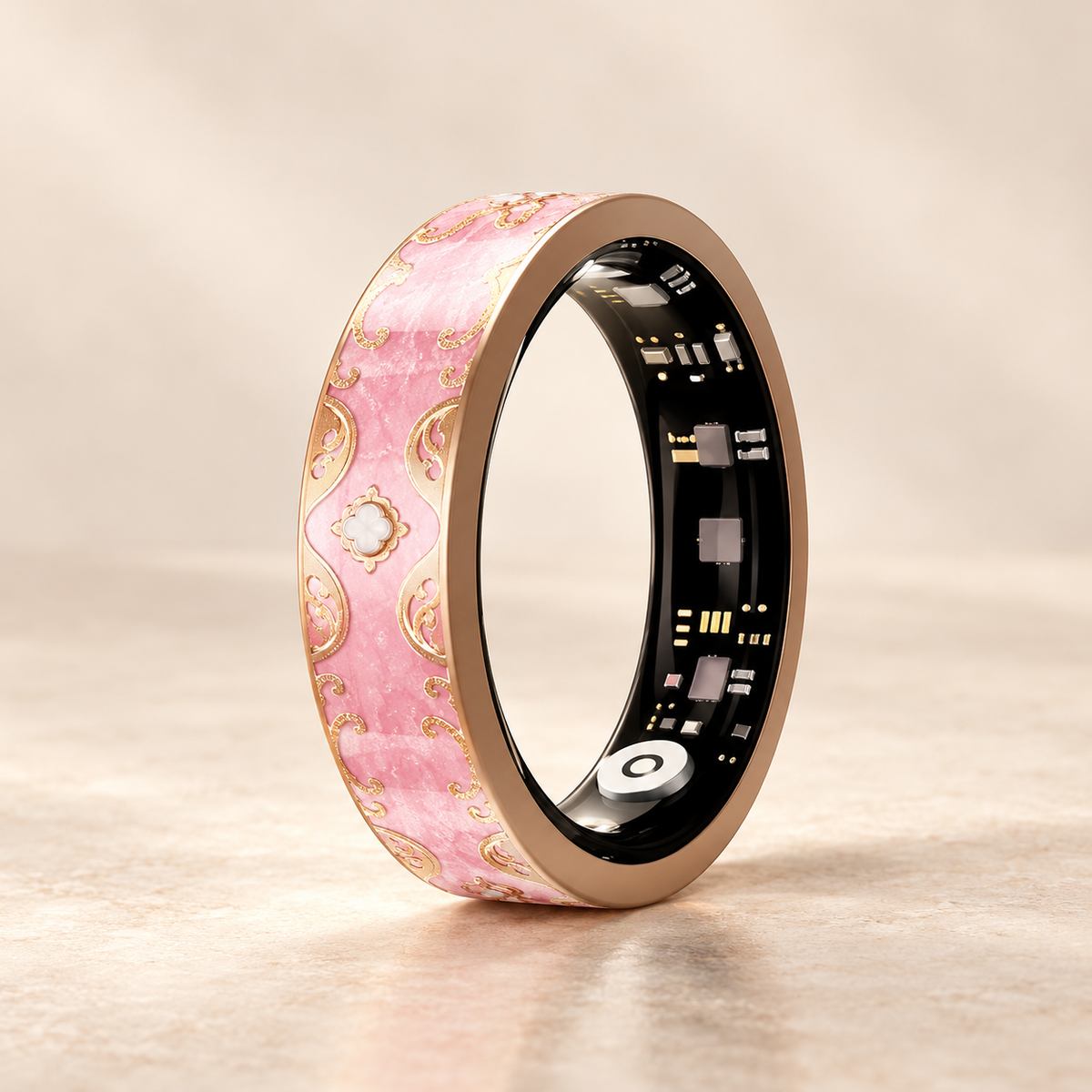 IRIS ONE Smart Ring in Pink mit Emaille und roségoldfarbenen Ornamenten
